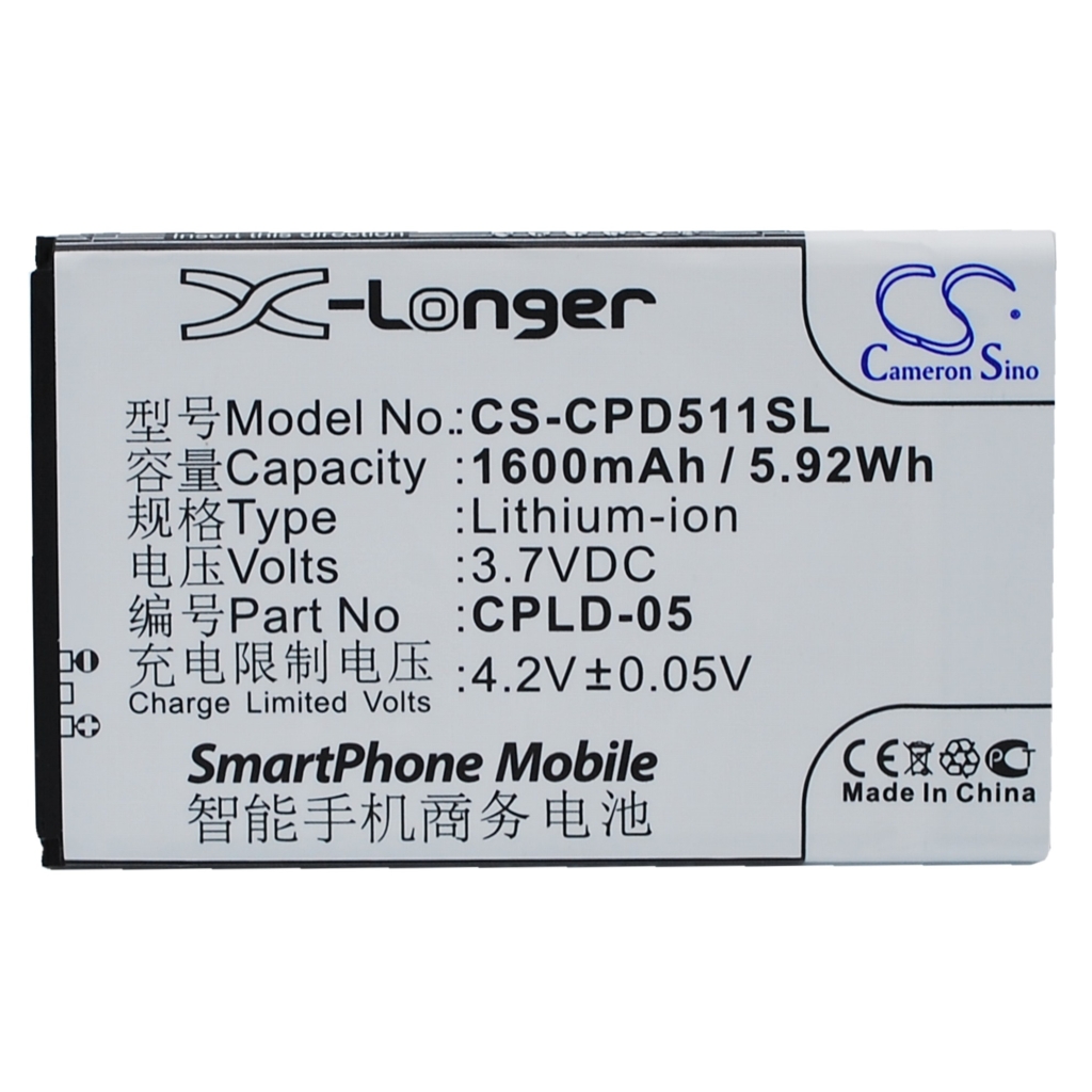 Cameron Sino CS-CPD511SL Li-ion telefoonaccu 3,7V 1600mAh, vlakke etiketaanzicht