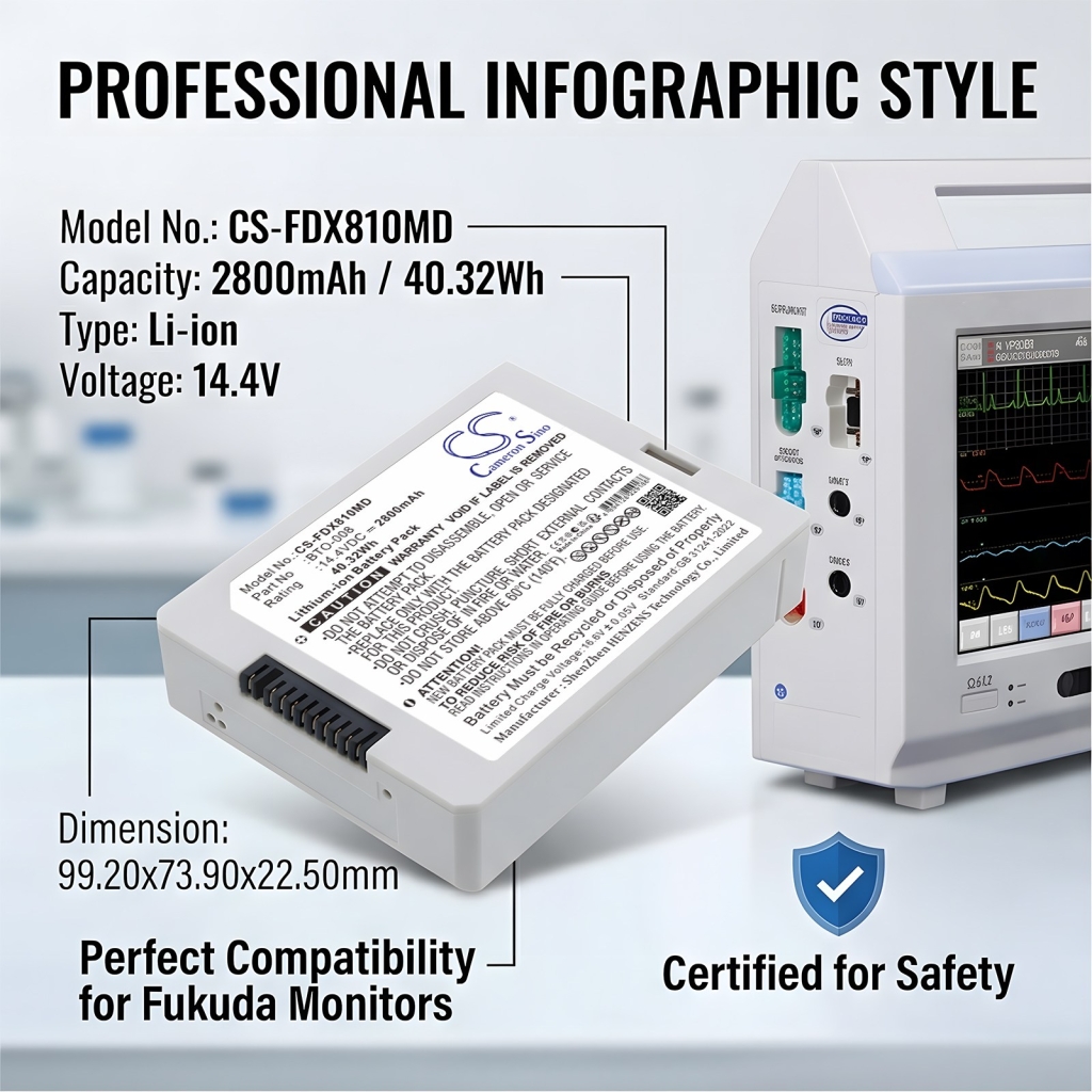Batterijen compatibel met Fukuda Denshi DS8100 Monitor CS-FDX810MD
