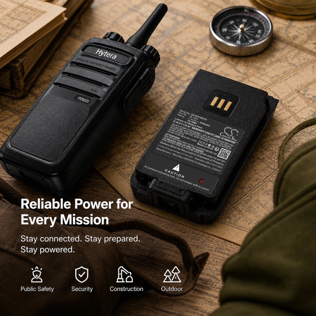 CS-HTC502TX Cameron Sino accu met Hytera portofoon, marketingafbeelding