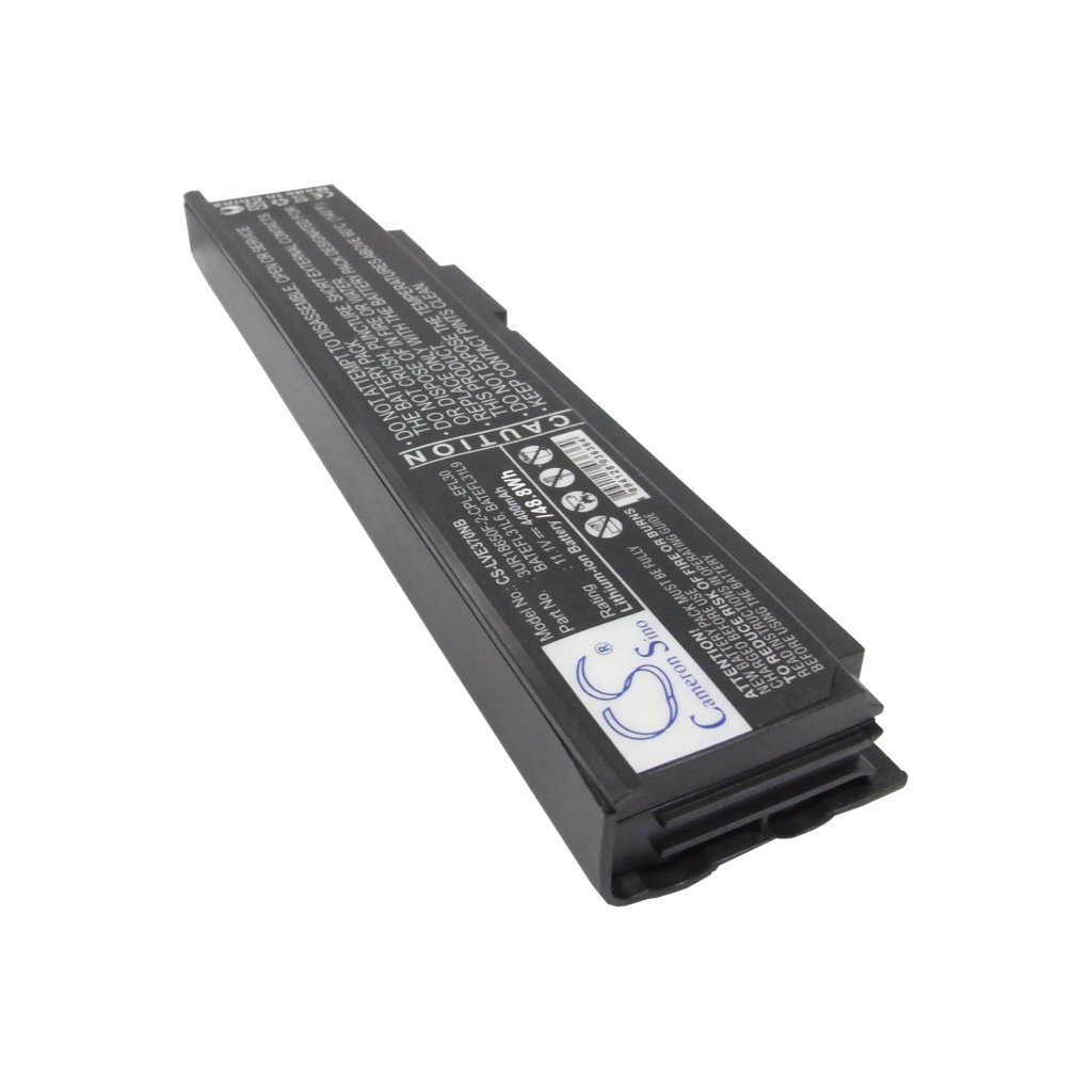 Zwarte CS-LVE370NB laptopaccu, schuin aanzicht van waarschuwingszijde