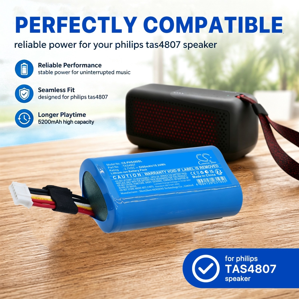 Batterijen compatibel met Philips S4807 Waterproof Wireless Bluetooth Speaker CS-PHS480SL