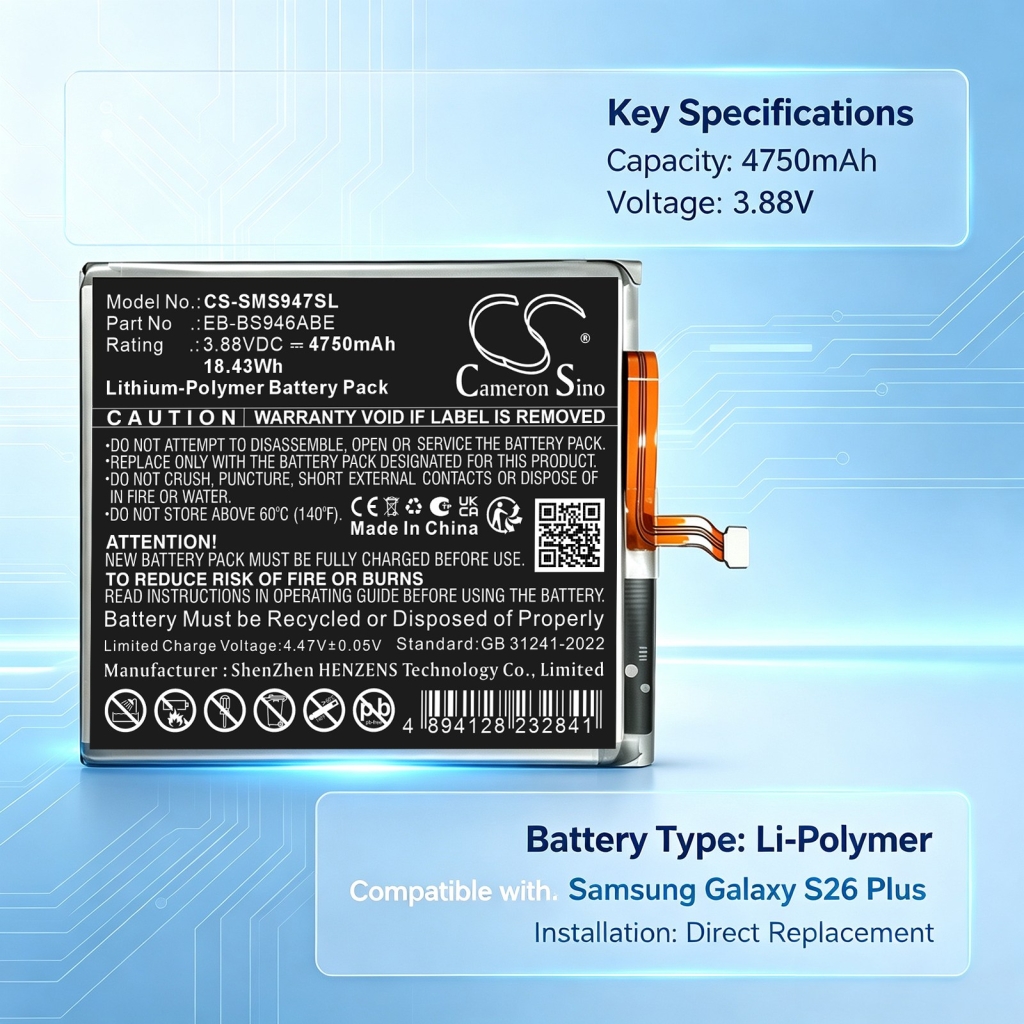 Batterijen compatibel met Samsung Galaxy S26 Plus S26+ CS-SMS947SL